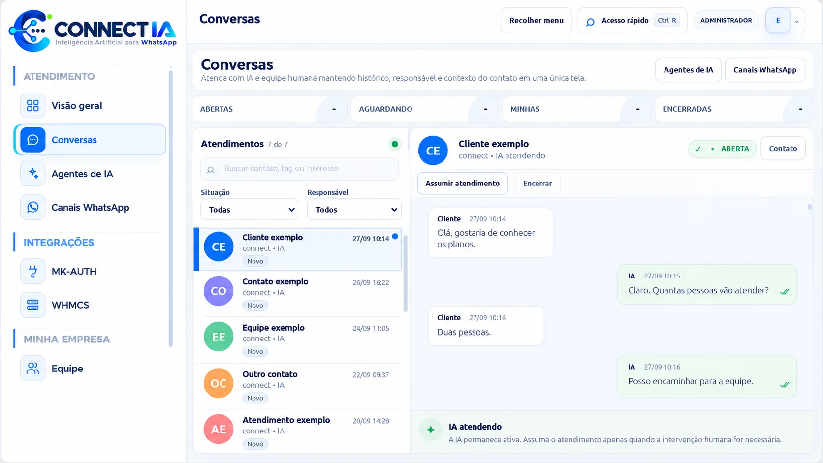 Prévia ilustrativa da tela de conversas da CONNECT IA, com fila de contatos e atendimento no computador; nomes e mensagens fictícios